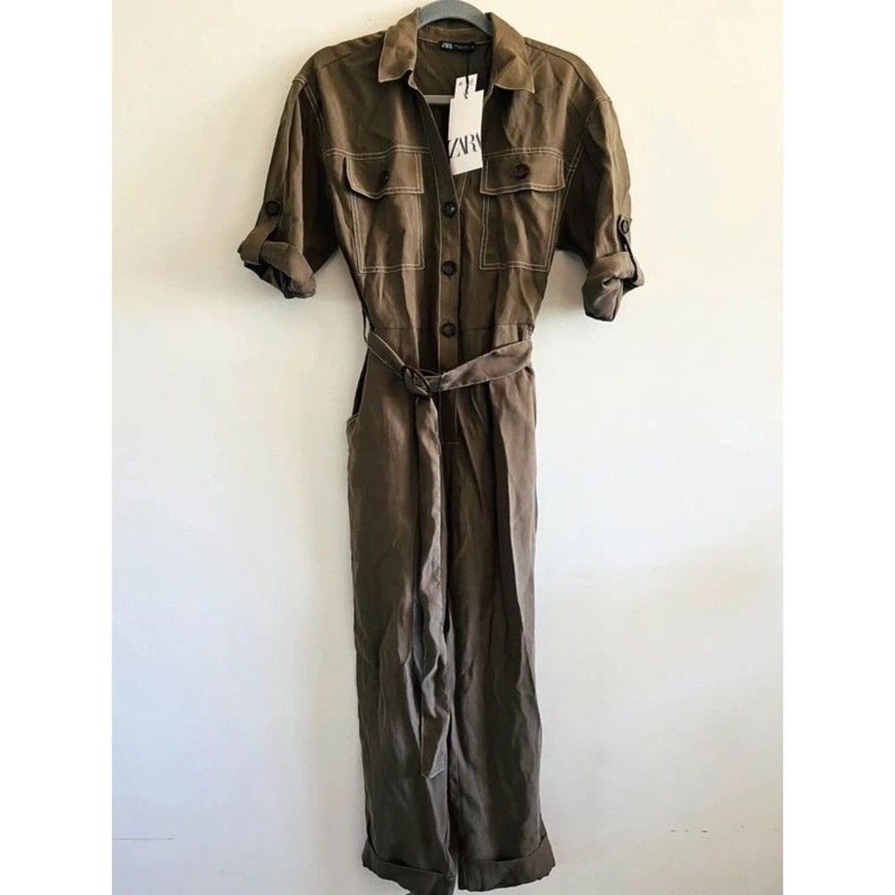 ZARA Khaki Jumpsuit With Contrasting Topstitching - S